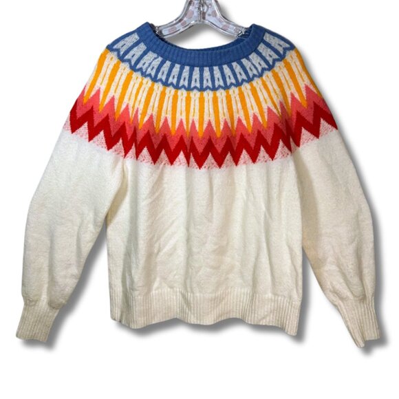French Connection L Fair Isle White Wool Blend Rainbow Sweater Teacher Preppy - Picture 1 of 8